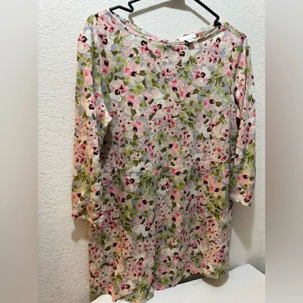 J.Jill Love Linen Floral Tie Keyhole Back 3/4 Sleeve Slubbed Knit Tunic Blouse